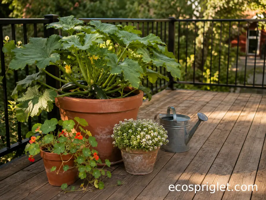 Three-pot balcony garden with zucchini, nasturtium, and sweet alyssum.