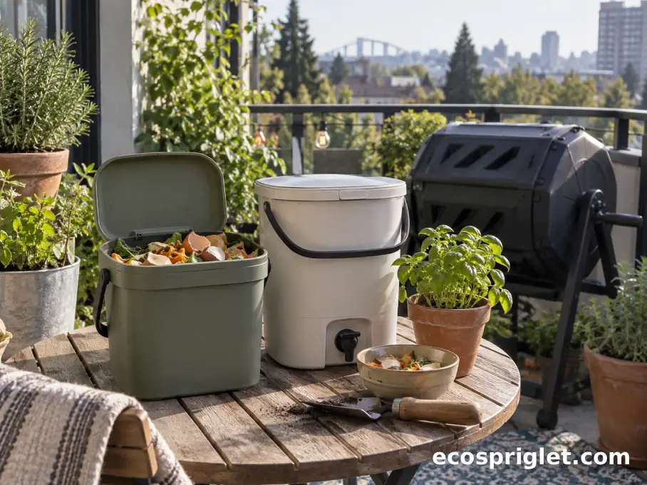 Several compost bin types sit on a small balcony table beside herb pots.