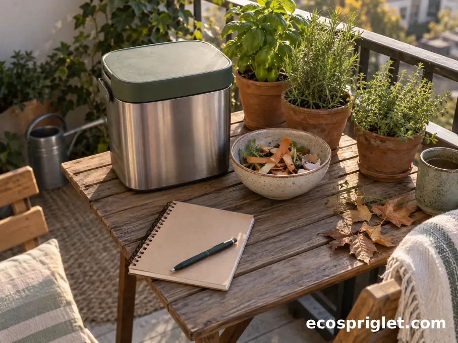 A compact kitchen compost bin sits on a balcony table with herb pots and dry leaves.