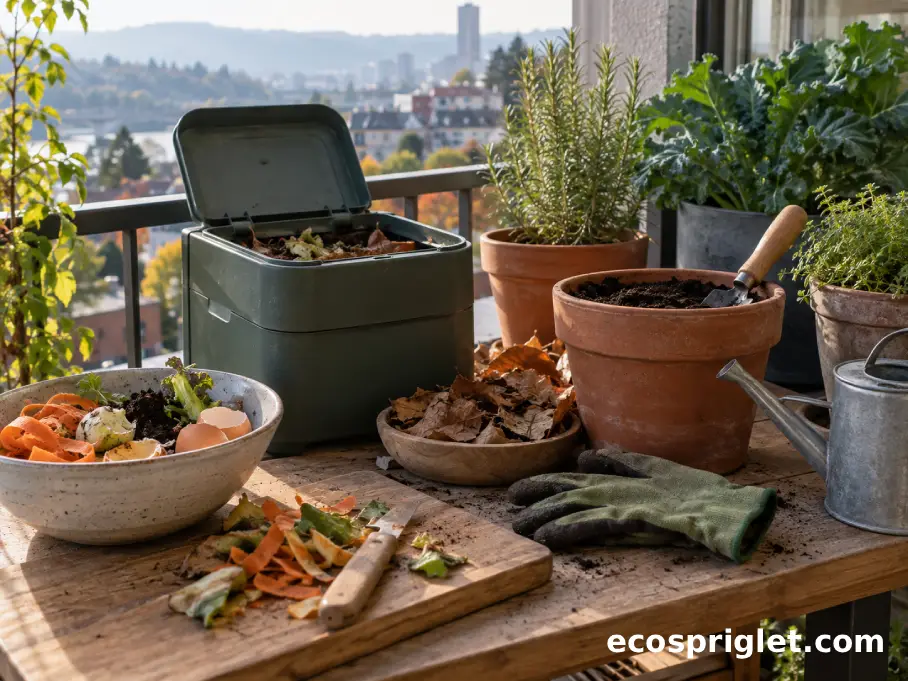 Kitchen scraps and dry leaves sit beside a compact compost bin on a balcony table.