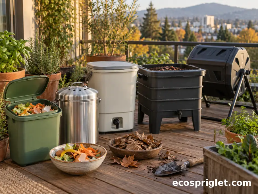 Several compost bin styles are arranged on a small terrace beside herb pots and dry leaves.