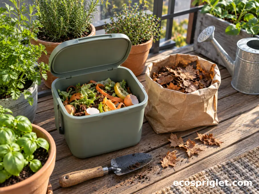 A compost caddy, dry leaves, and container herbs are arranged on a small balcony.