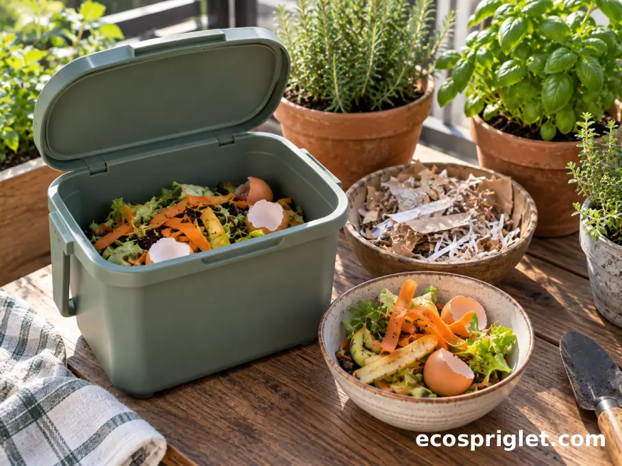 An open compost caddy sits beside shredded paper and potted herbs on a balcony work surface.