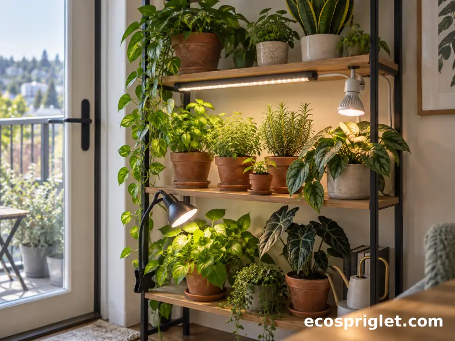 Several types of indoor plant grow lights sit near herbs and houseplants on a compact apartment plant shelf.