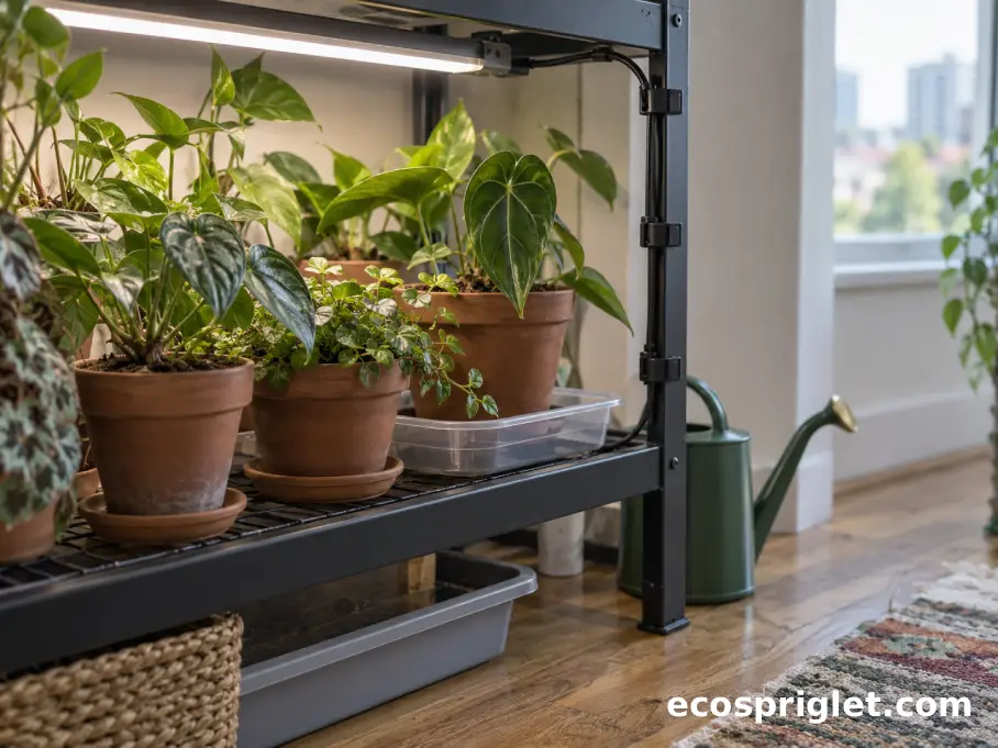 Grow light cords are routed away from watering trays on a tidy indoor plant shelf.