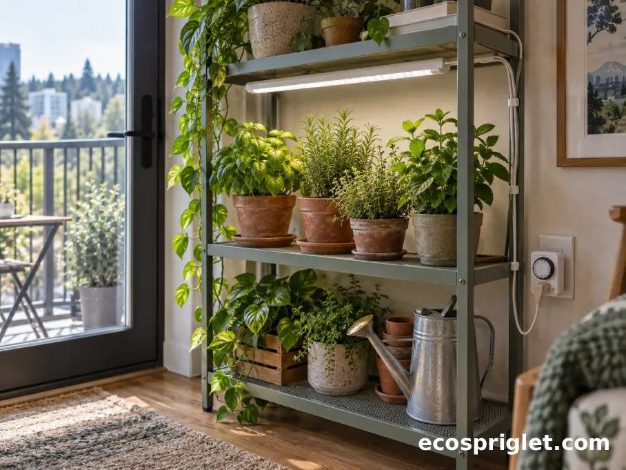 A white LED grow light bar is mounted above small herbs on a compact indoor plant shelf.