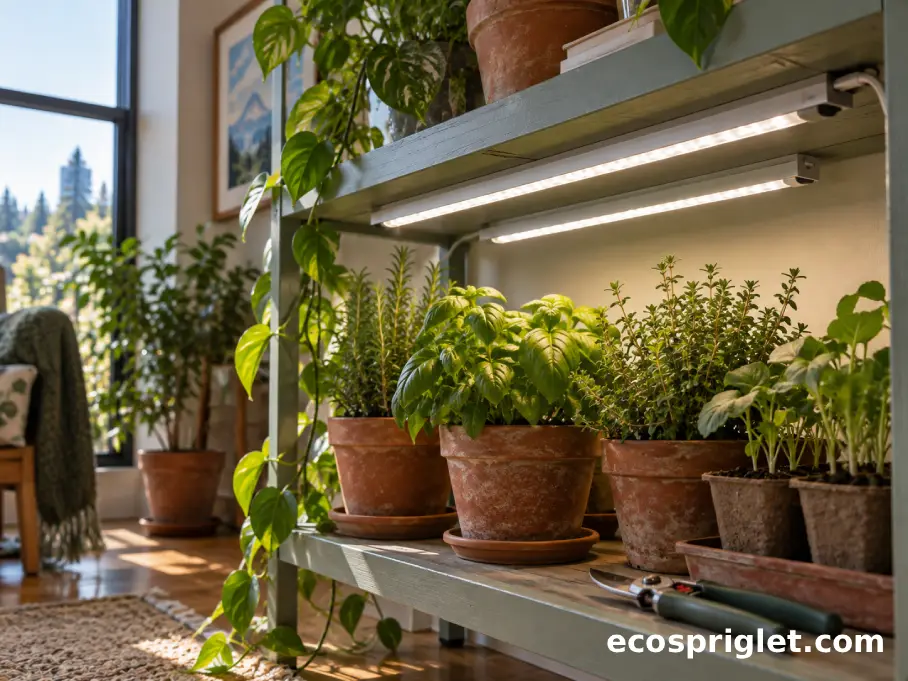 Slim LED grow light bars are mounted beneath a shelf above herbs and young indoor plants.