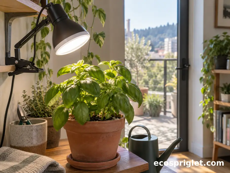 A full-spectrum LED grow light bulb in a clamp lamp shines on a potted basil plant indoors.