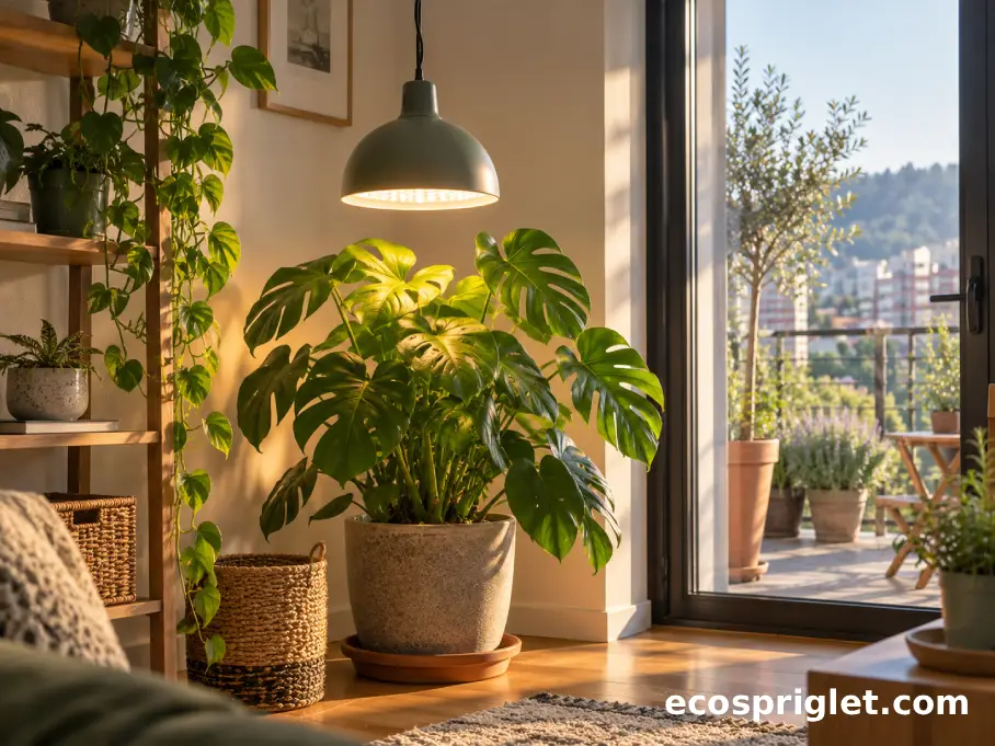 A decorative pendant-style grow light hangs above a large potted houseplant in a small apartment corner.