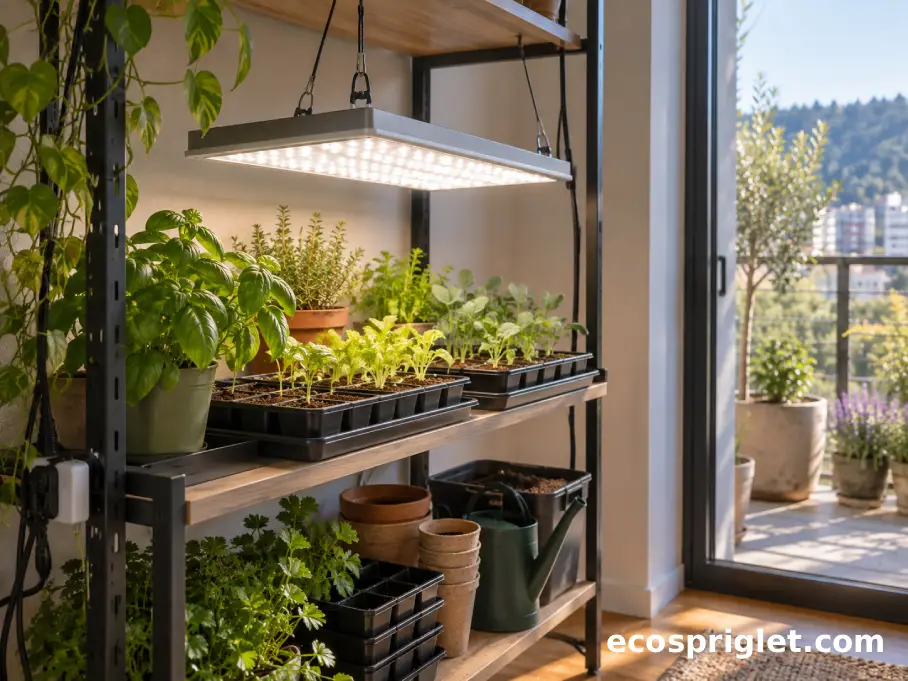 A compact square LED grow light panel hangs above herbs and seedling trays on a small indoor rack.