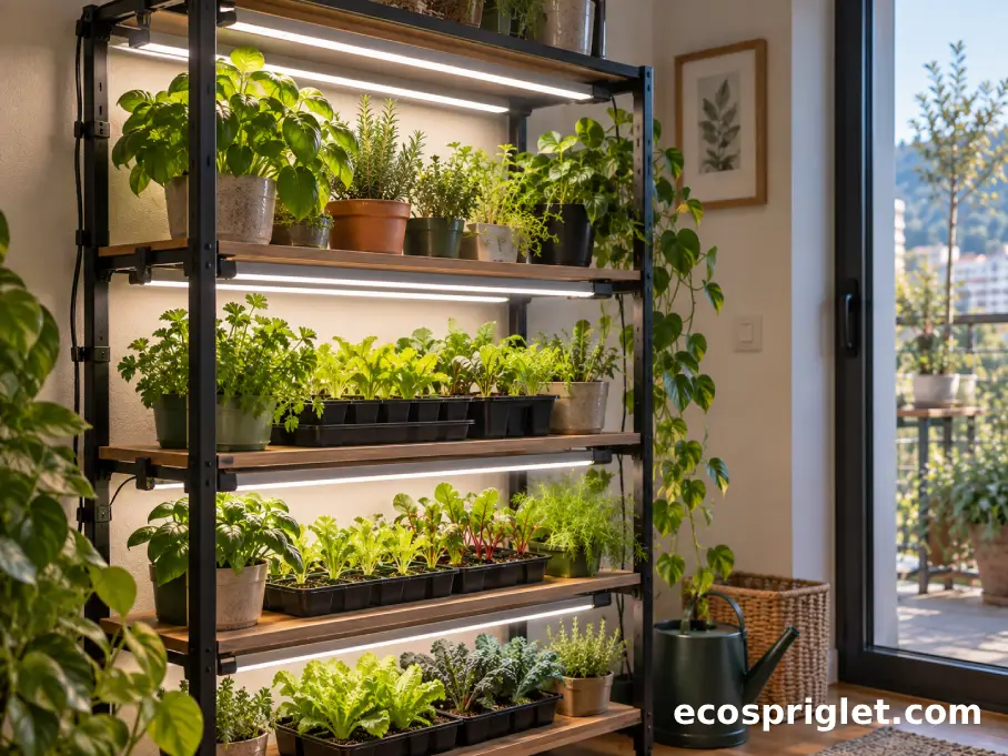 Four slim LED grow light bars are mounted around a compact indoor plant shelf with herbs and greens.