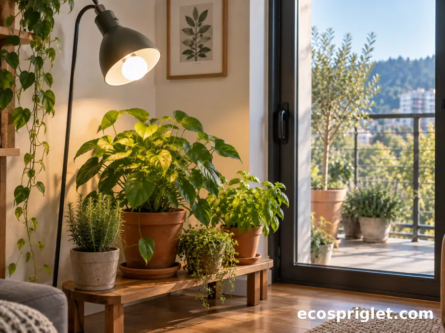 A budget grow light bulb in a floor lamp is aimed at a small group of indoor plants.