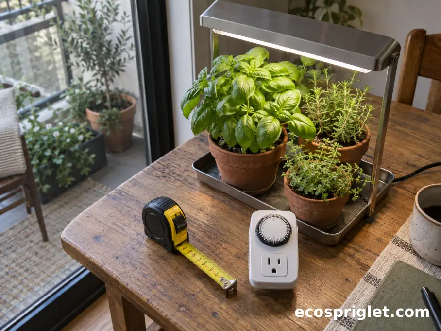 A measuring tape and timer plug sit beside an indoor grow light and small potted herbs.