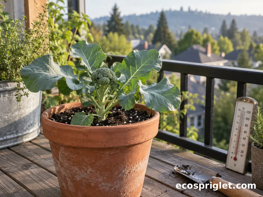 Young broccoli plant growing in a terracotta container on a sunny Portland balcony.