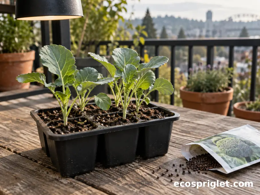 Broccoli seedlings growing in seed-starting mix under a compact grow light.