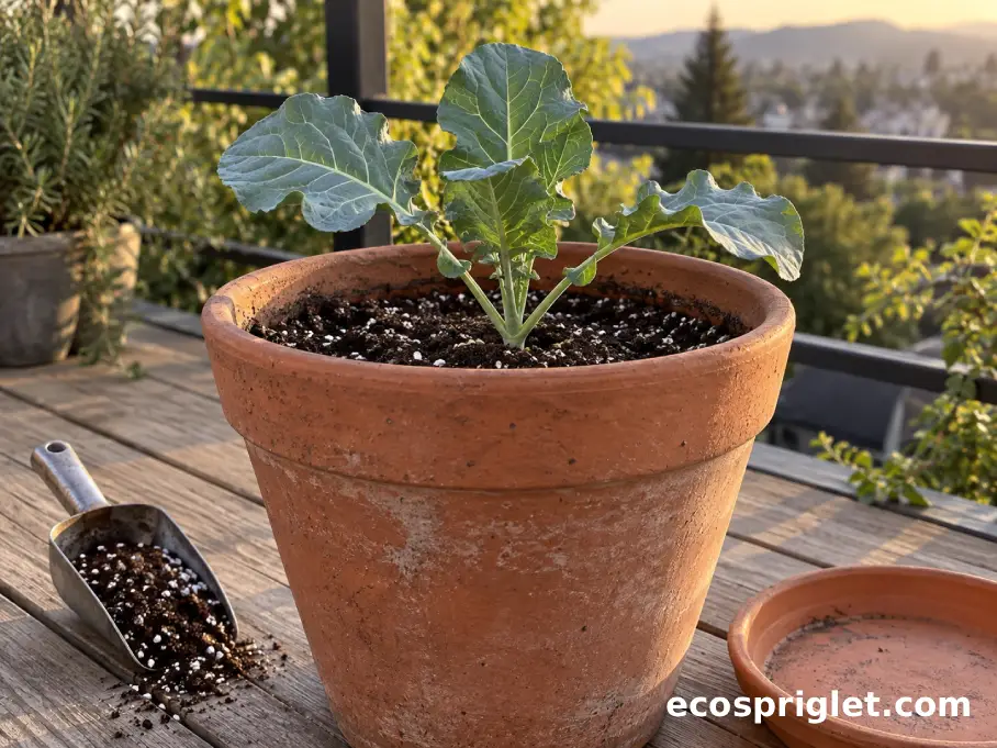 Single broccoli transplant planted in a roomy terracotta container filled with potting mix.