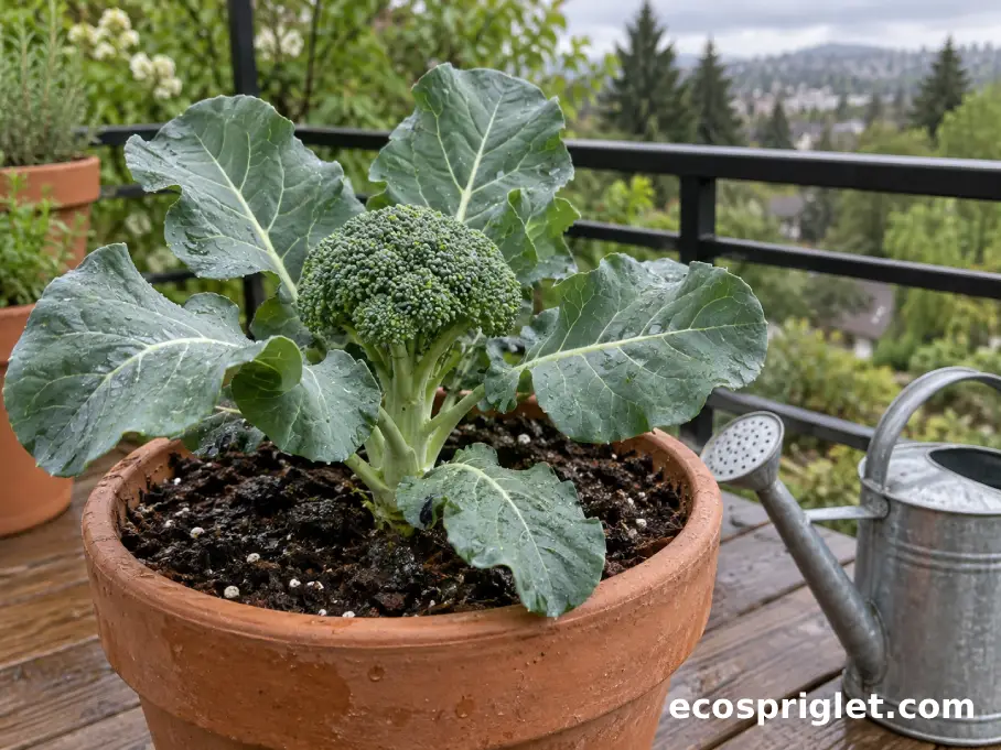 Established broccoli plant in a terracotta pot with evenly moistened potting mix.