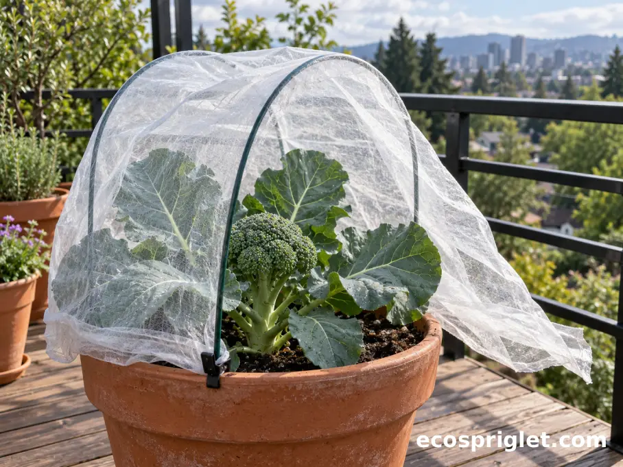 Potted broccoli plant protected with lightweight insect row cover on a balcony.