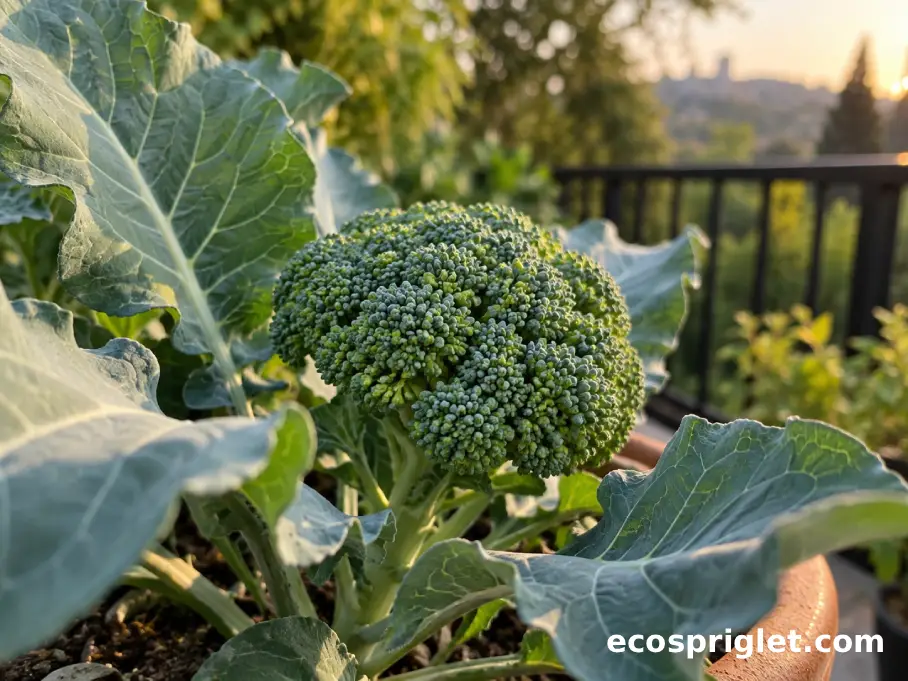 Compact broccoli head forming in the center of a healthy container-grown plant.