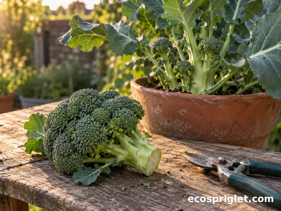 Harvested broccoli head beside a container plant beginning to form smaller side shoots.