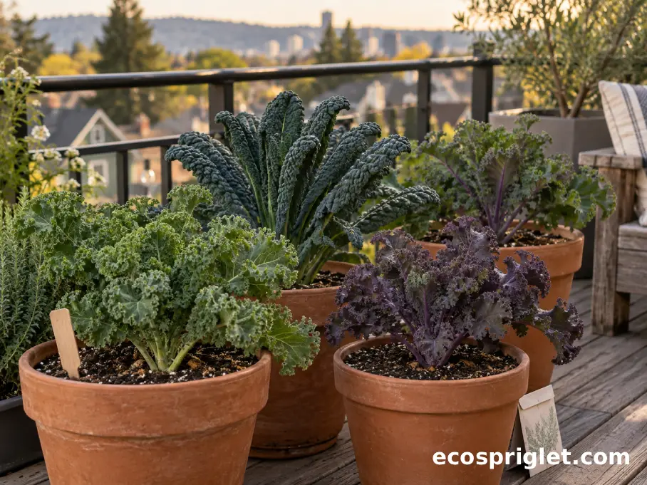 Several distinct kale varieties growing in individual terracotta pots on a small Portland balcony.