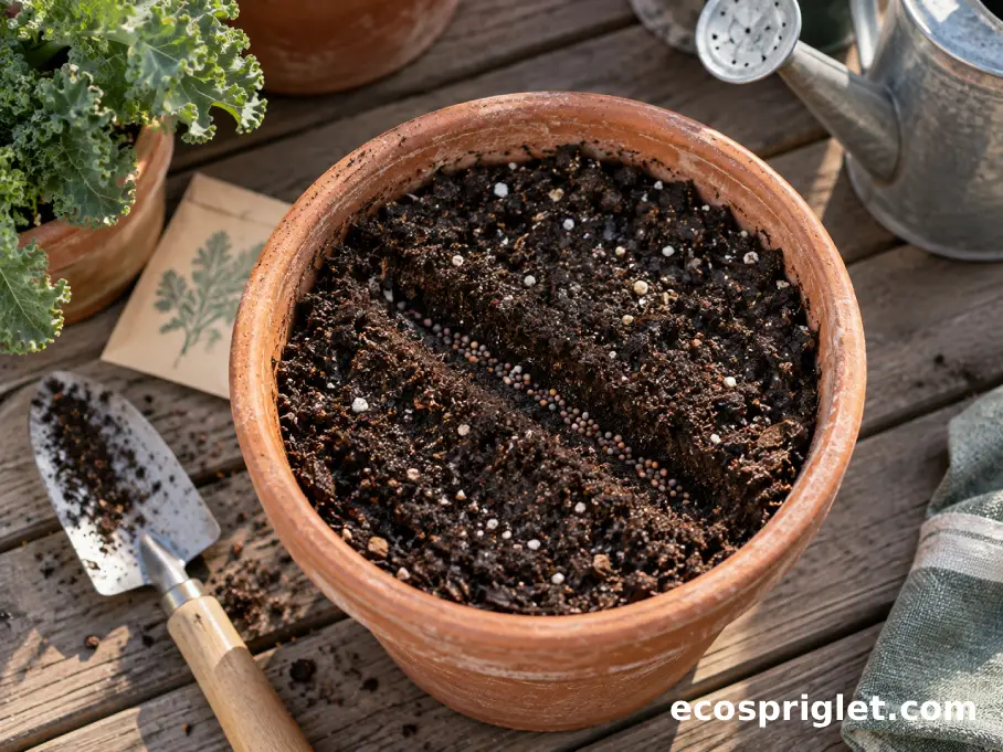Kale seeds being sown into moist potting mix in a small terracotta container.