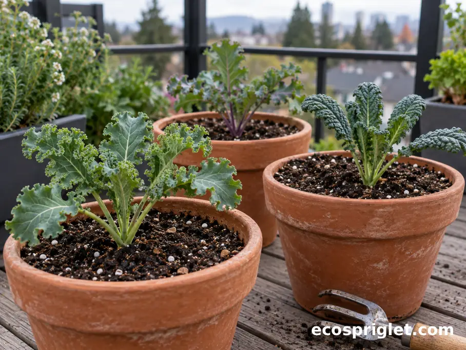 Healthy young kale seedlings spaced apart in terracotta pots after thinning.
