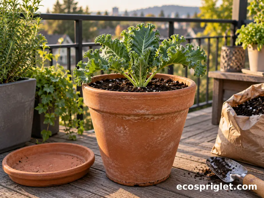 A single kale plant in a deep terracotta pot with visible drainage and fresh potting mix.