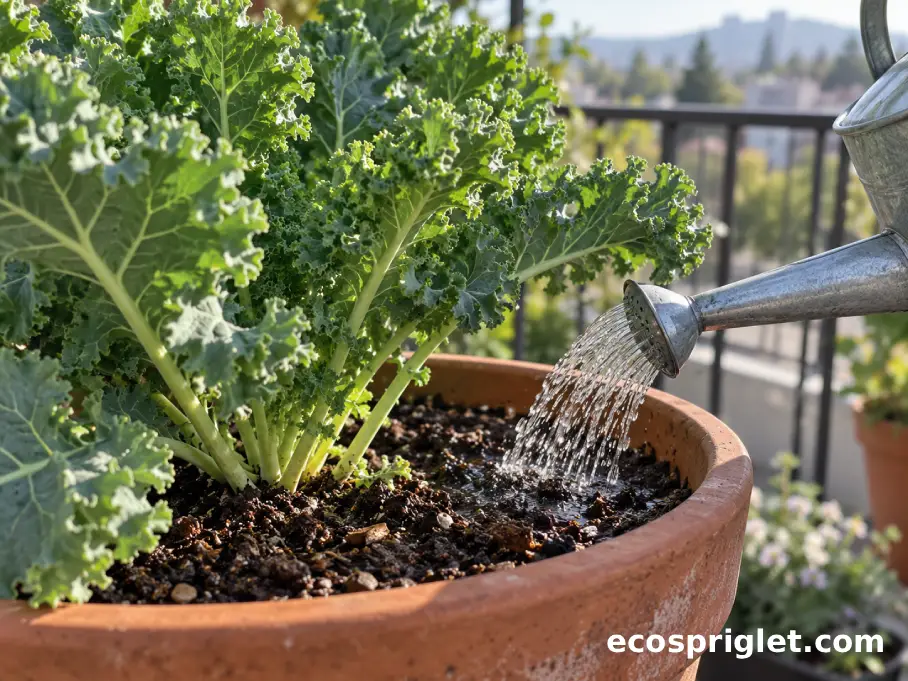 A healthy container-grown kale plant being watered at soil level on a sunny balcony.