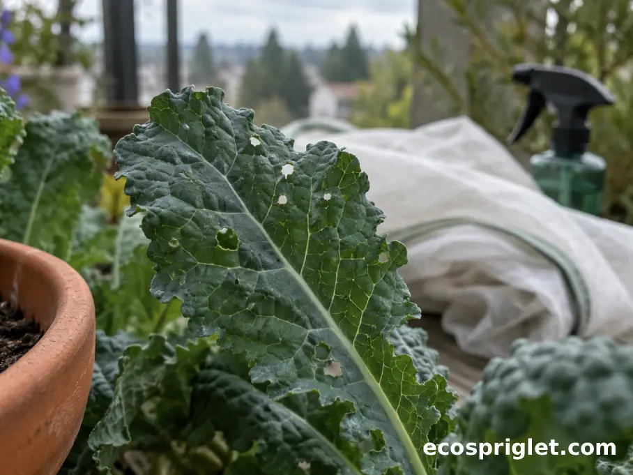 Kale leaves with a few small cabbage-worm feeding holes beside a lightweight row cover.