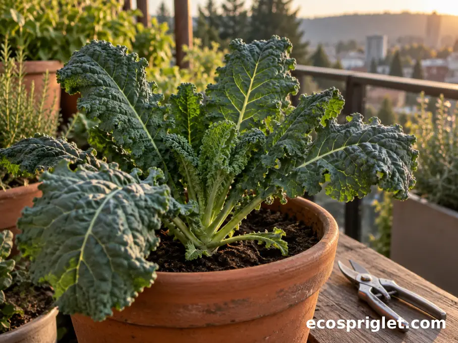 Mature outer kale leaves ready to harvest while the center growing point remains intact.