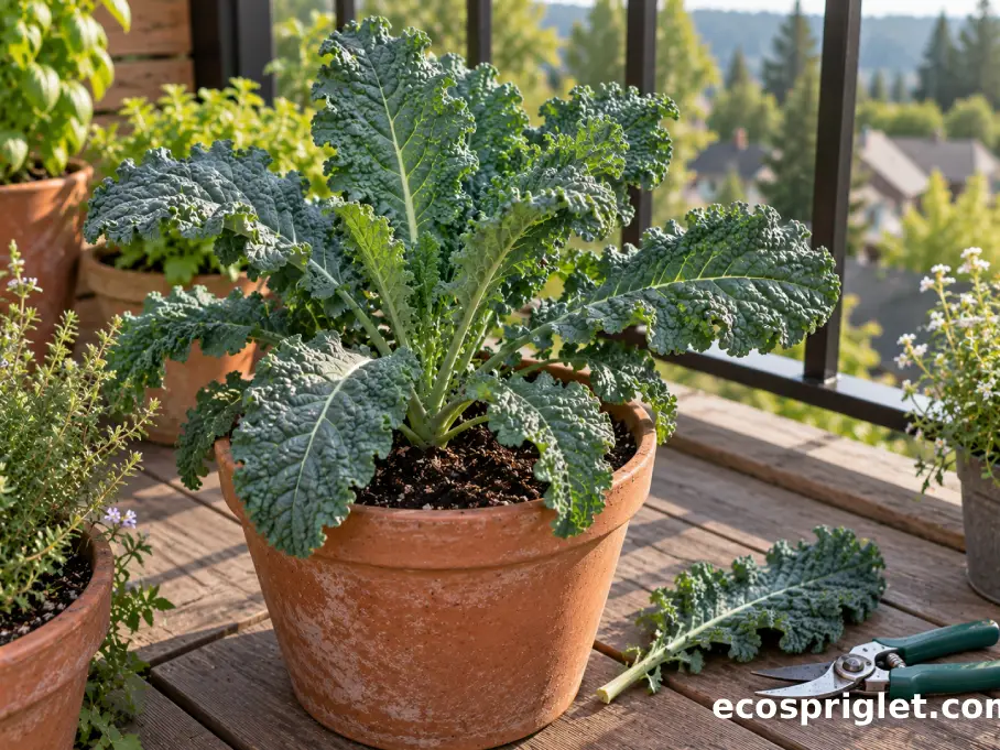Tender mature kale leaves ready for picking on a terracotta-potted balcony plant.