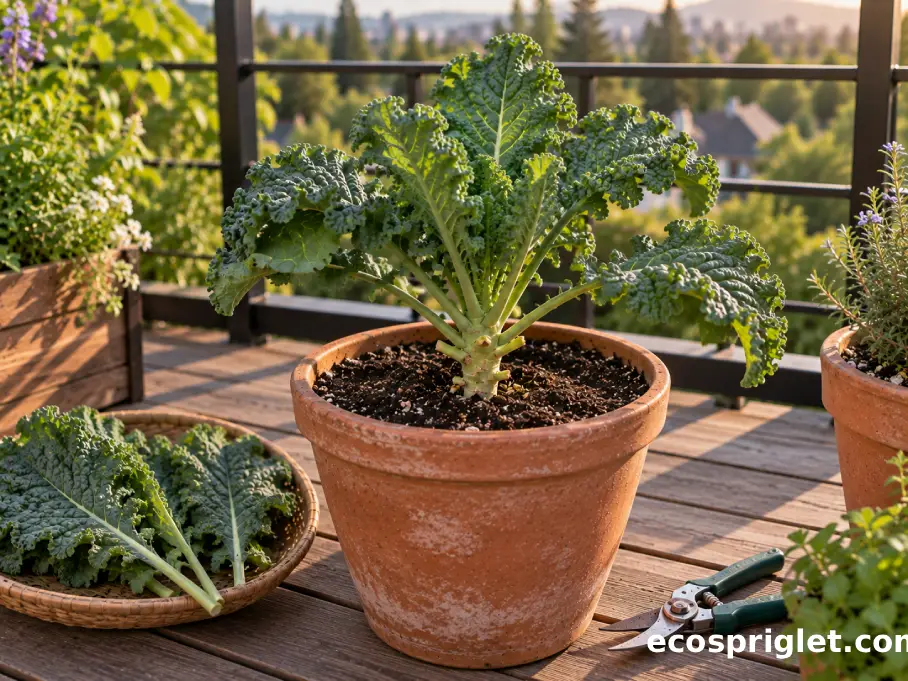 Kale plant with several lower leaves freshly removed while the central growing leaves remain intact.