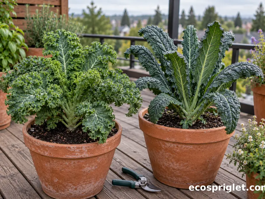 Curly kale and lacinato kale plants growing side by side in terracotta balcony pots.