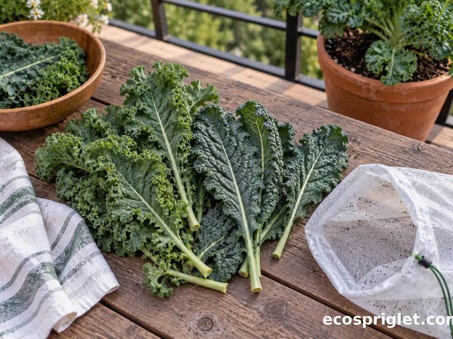 Dry freshly harvested kale leaves arranged loosely in a perforated produce bag for refrigeration.