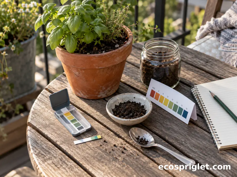 Soil acidity testing tools, a jar of soil, and a potted herb sit on a small balcony table.