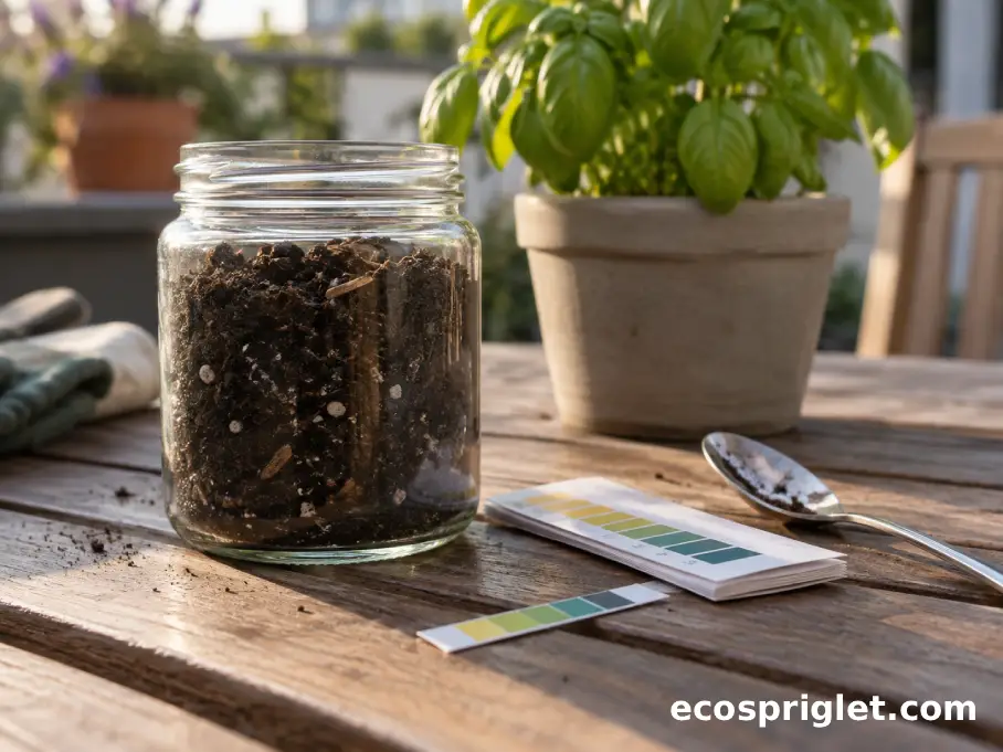 A jar of potting mix, pH test strips, and a spoon are arranged beside a potted basil plant.