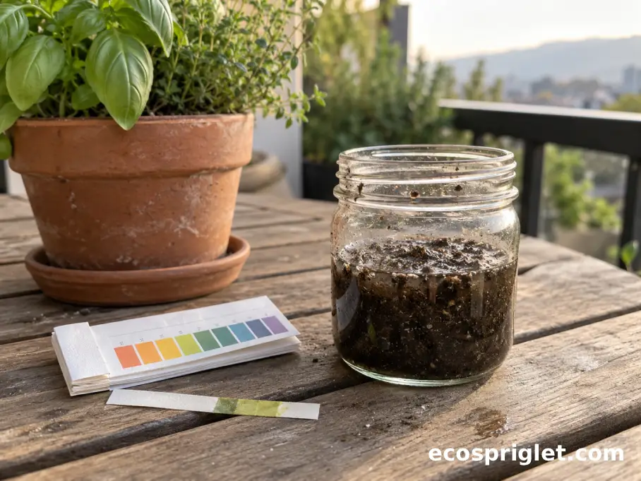 A capsule-style soil test kit and sample containers sit near small balcony planters.