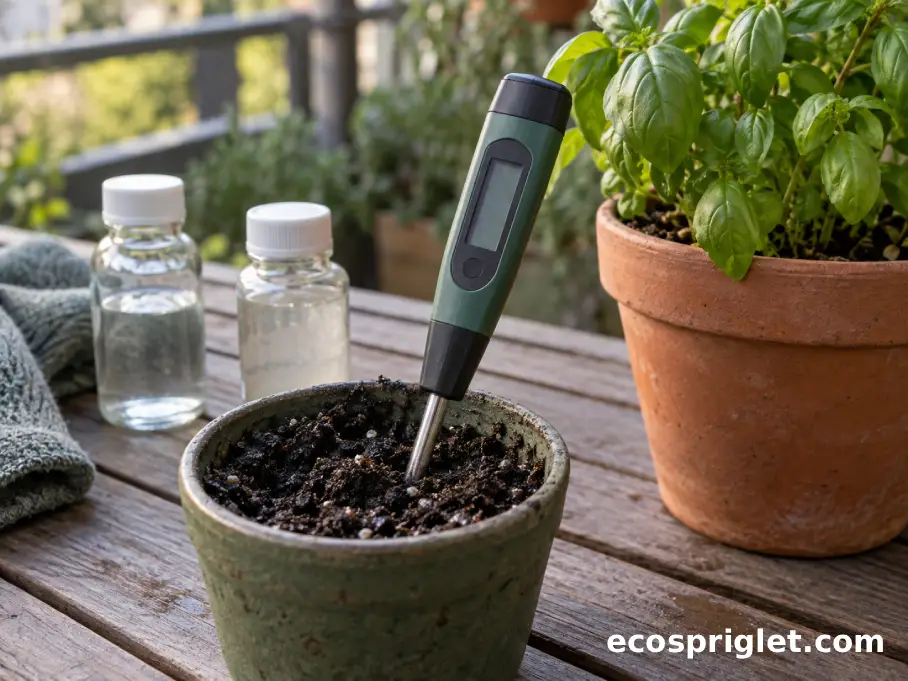 A reusable soil pH pen rests beside a moist soil sample and potted herb on a balcony table.