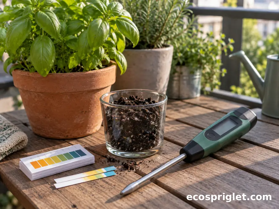 A simple soil probe meter sits beside potted herbs, pH strips, and a soil sample cup.