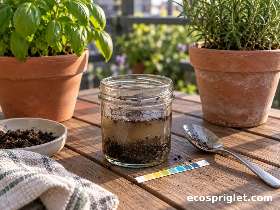 A jar of soil and water sits beside a spoon, pH strip, and small herb pots.