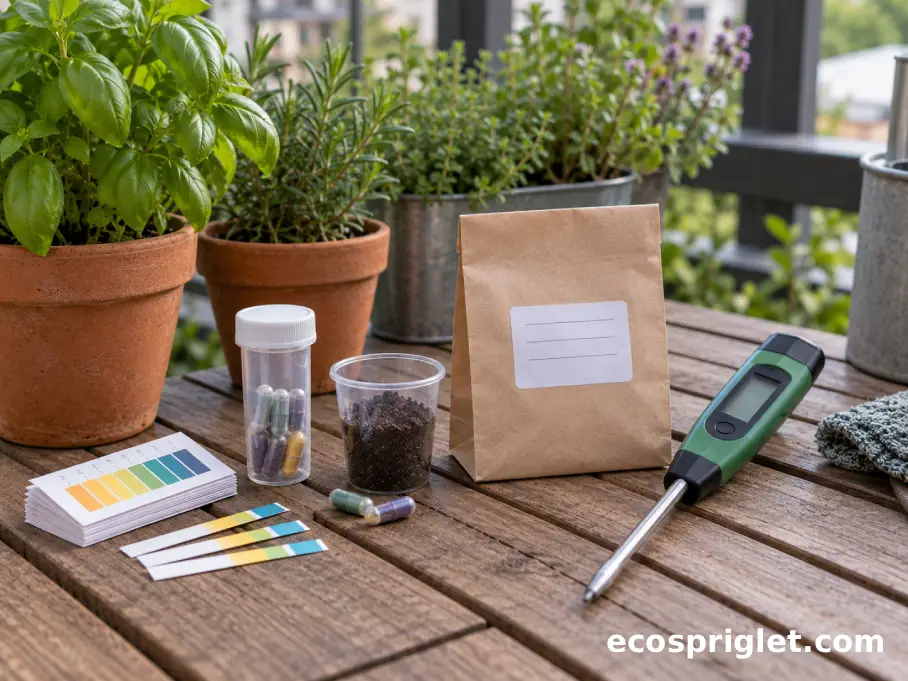Several soil acidity test kit types are arranged beside small container garden plants on a balcony.
