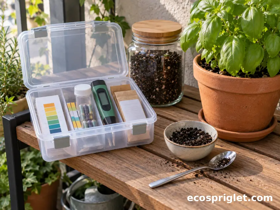 Soil testing supplies are stored in a lidded box beside a jar of dry soil and a potted herb.
