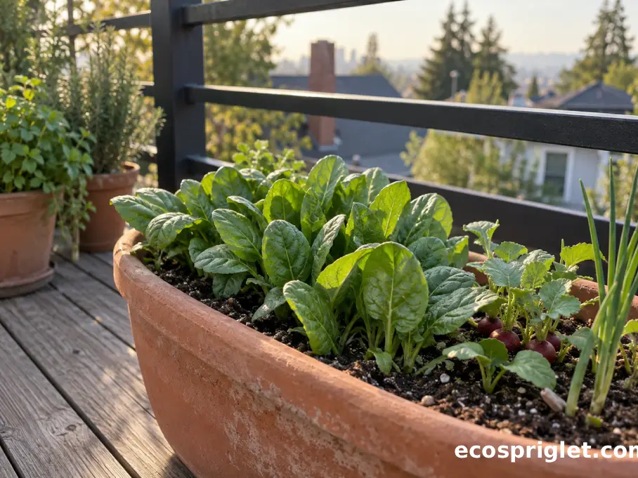 Spinach seedlings share a terracotta planter with radishes and scallions on a small Portland terrace.
