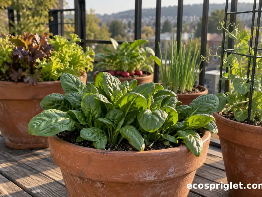 Spinach grows beside lettuce, radishes, scallions, and young peas in compact balcony containers.