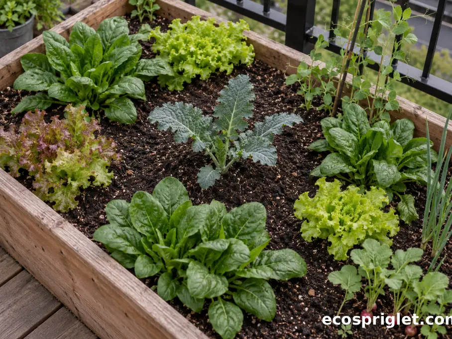 Spinach and leaf lettuce are spaced around a young kale plant in a roomy raised planter.