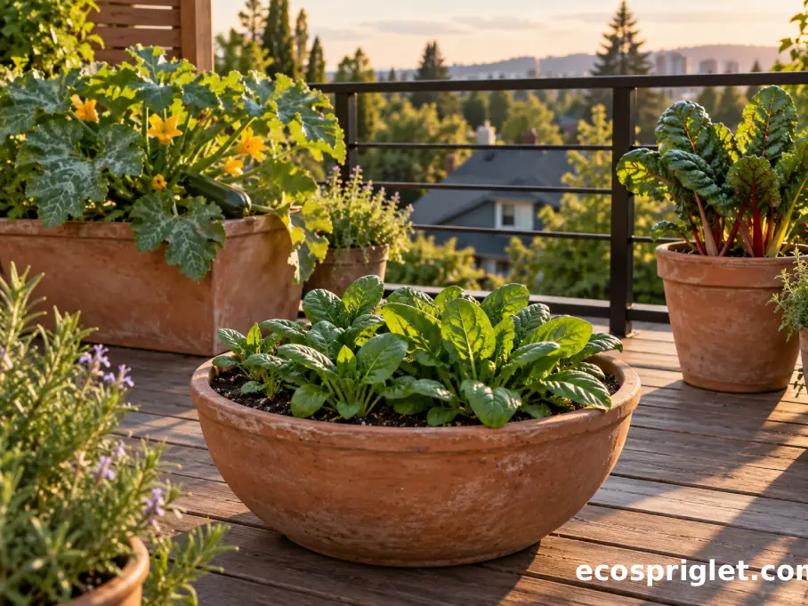 A spinach planter is kept separate from large squash foliage and Swiss chard on a small terrace.