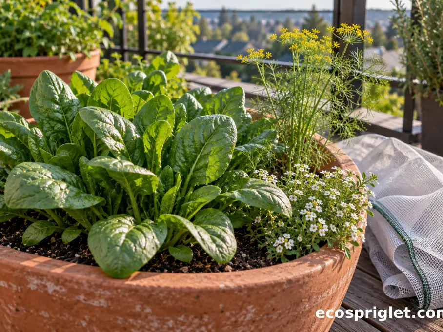 Spinach grows beside flowering dill and sweet alyssum with lightweight insect mesh nearby.