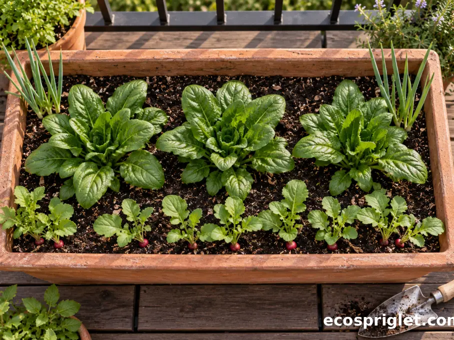 A rectangular terrace planter holds spaced spinach with radishes along the edge and scallions near the corners.