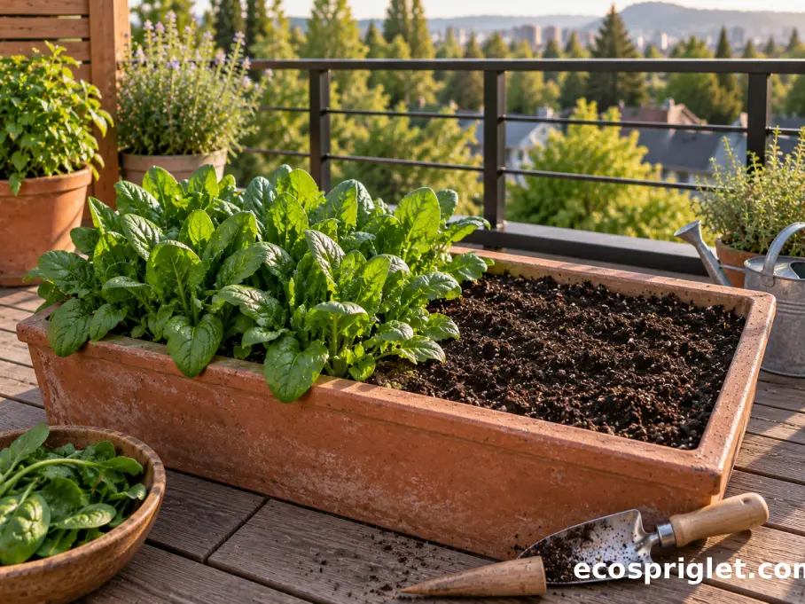 Mature spring spinach fills half a terrace planter while the other half is prepared for the next crop.
